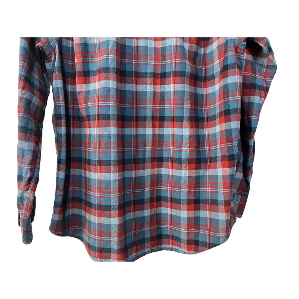 Duluth Trading Co Mens Large Free Swingin Flannel Trim Fit Shirt Blue Red Plaid - Picture 8 of 13